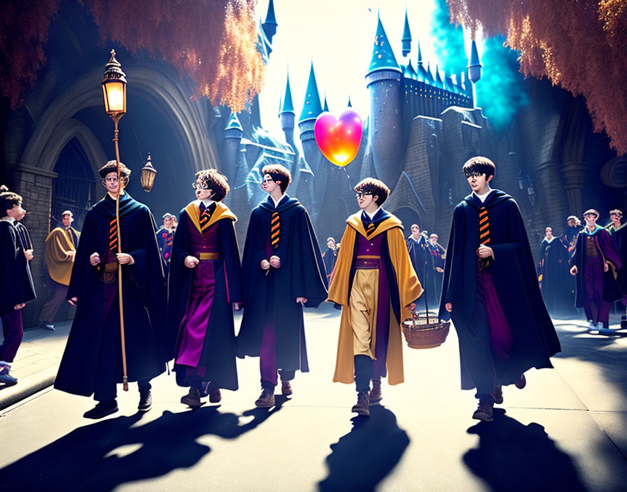 Group of People in Wizard Costumes with Castle Background and Props