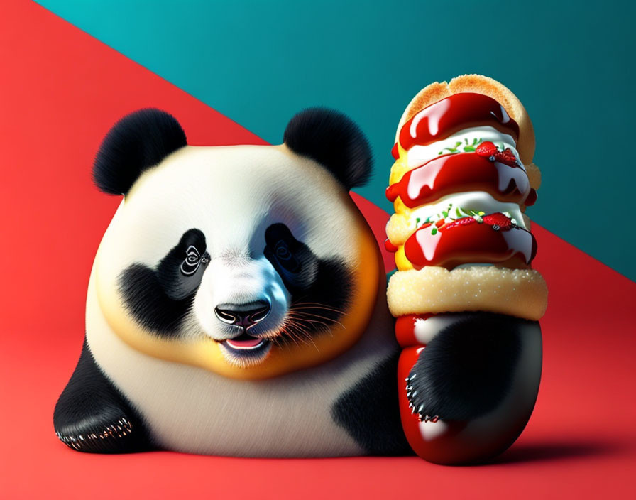 Smiling panda with donuts on split background