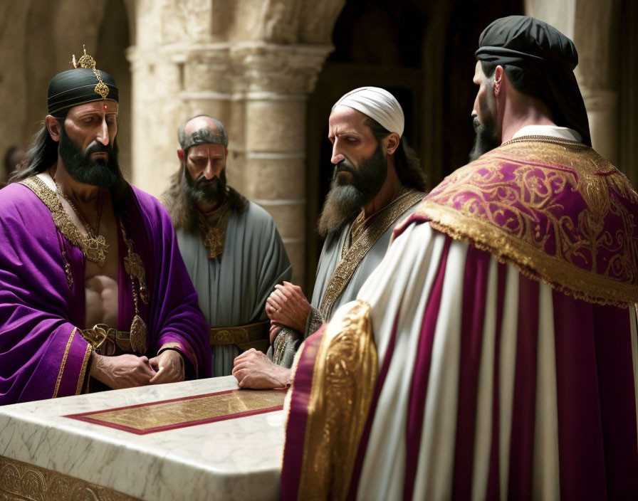 Men in historical costume discussing in grand ancient setting.