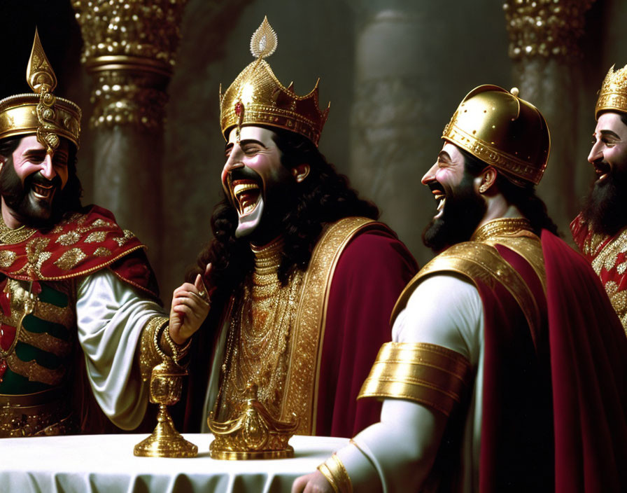 Three kings in ornate robes and crowns laughing in regal hall