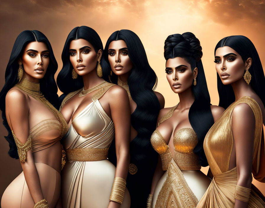 Five Women in Coordinated Golden Outfits on Amber Background