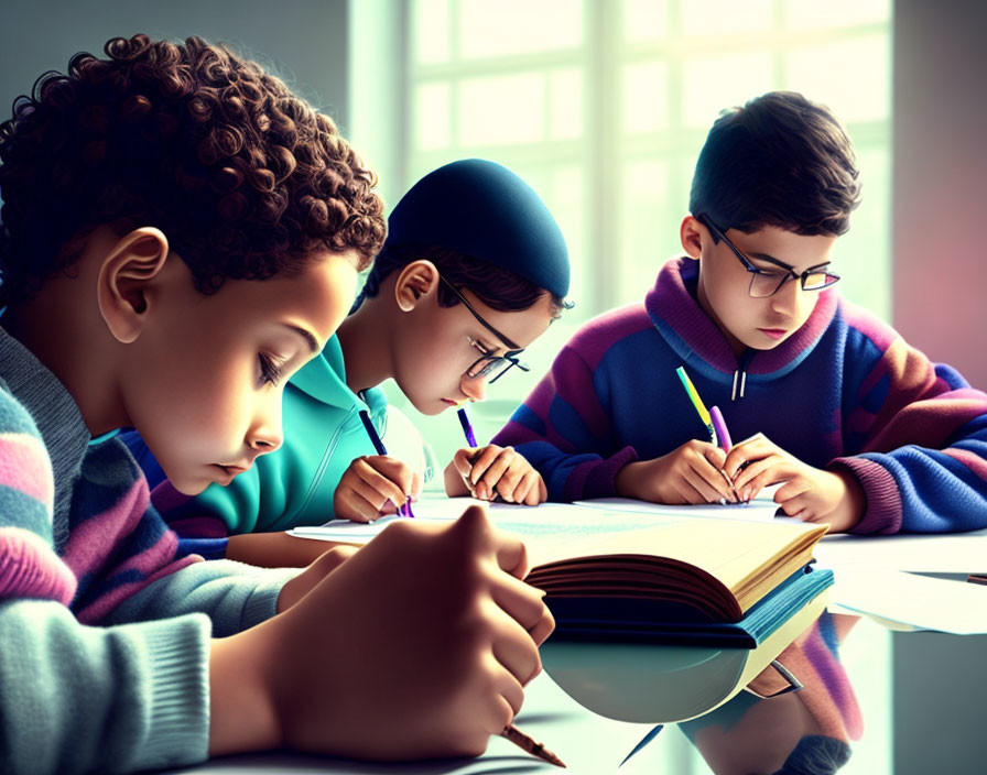 Three children writing in notebooks at a desk with colorful, sunlit background