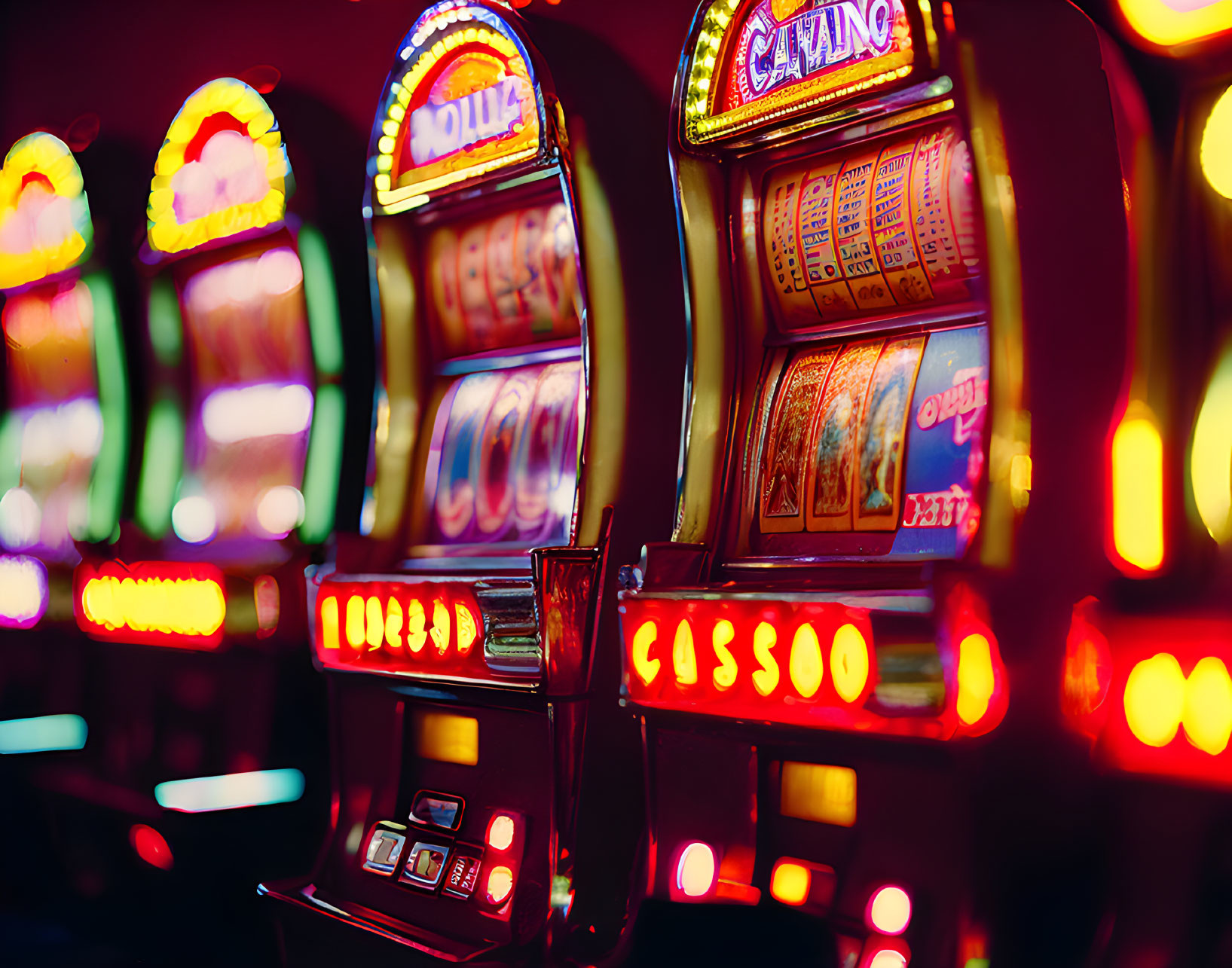 Colorful Close-Up of Glowing Slot Machines in Casino