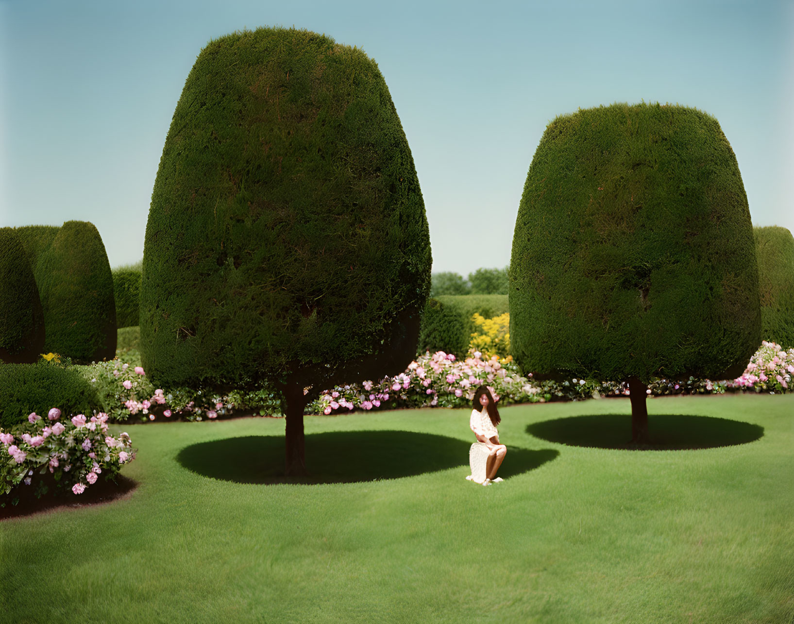 Person sitting in serene garden with trimmed trees and vibrant flowers