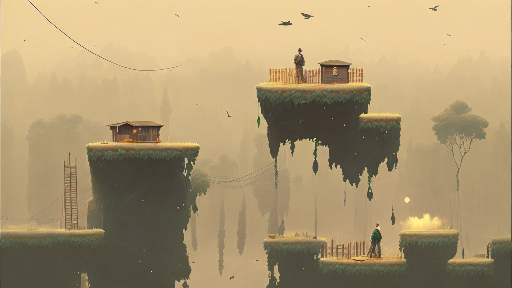 Fantastical floating islands with grass, structures, ladders, and ethereal birds.