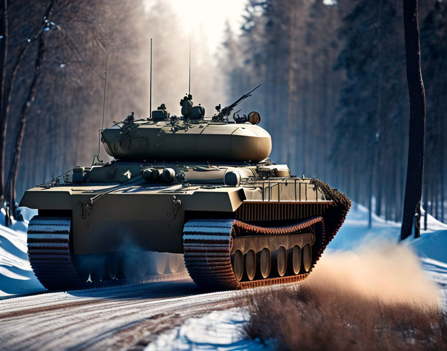 Military tank advancing on snow-covered forest path under clear blue sky