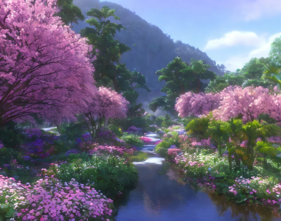 Tranquil river flowing through lush landscape with cherry blossoms and mountain backdrop