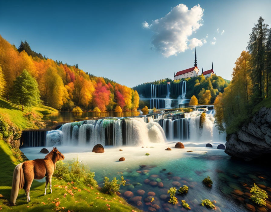 Horse grazing near serene waterfall with church on hill amid vibrant autumn foliage