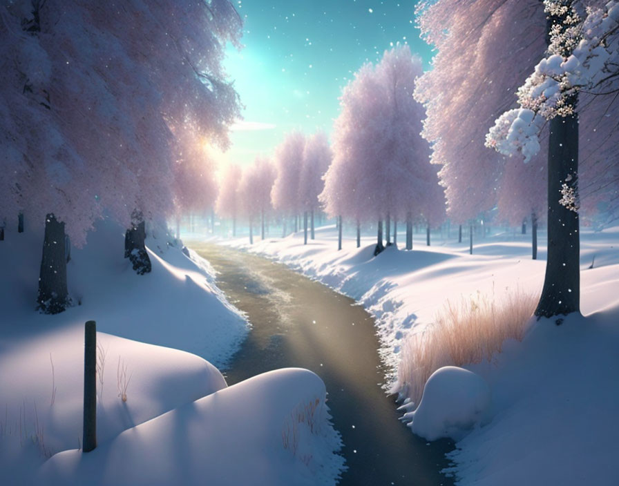 Snow-covered Winter Landscape with Pink Trees and Twilight Sky