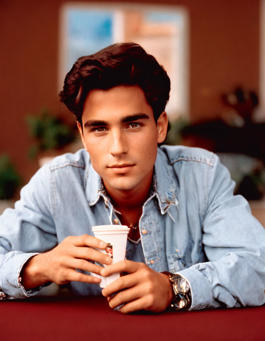 Young man in denim jacket with cup and watch against red backdrop