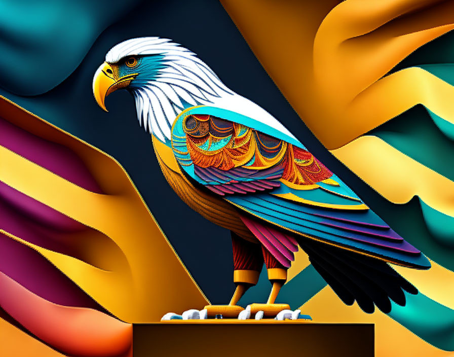 Colorful Digital Illustration of Eagle with Intricate Feather Patterns