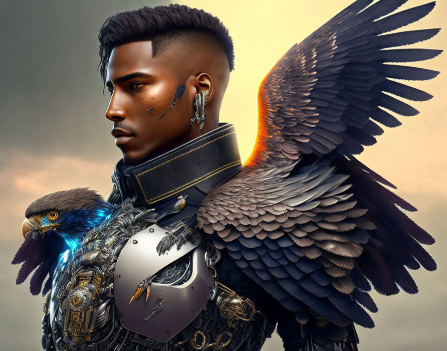 Digital artwork featuring person with undercut hairstyle and mechanical eagle on shoulder under moody sky