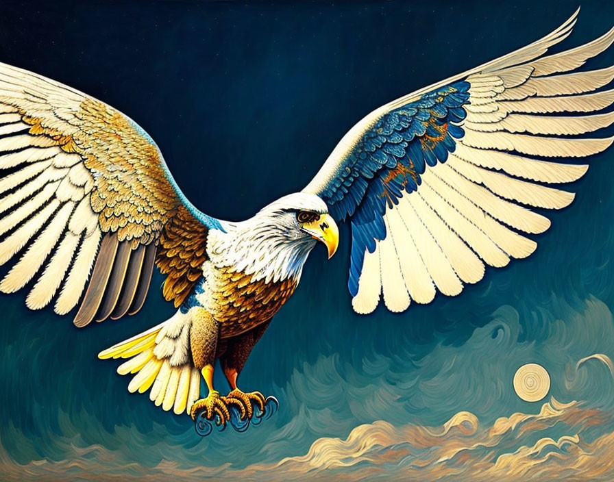 Detailed digital artwork of eagle in flight with vibrant feathers on blue and gold background