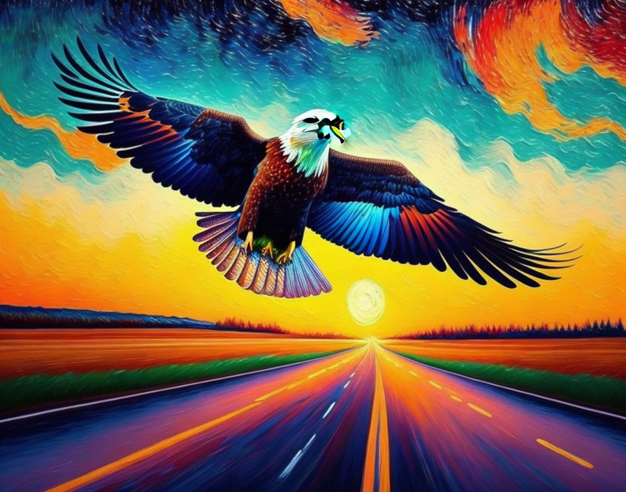 Bald Eagle Flying Over Colorful Sunset Road