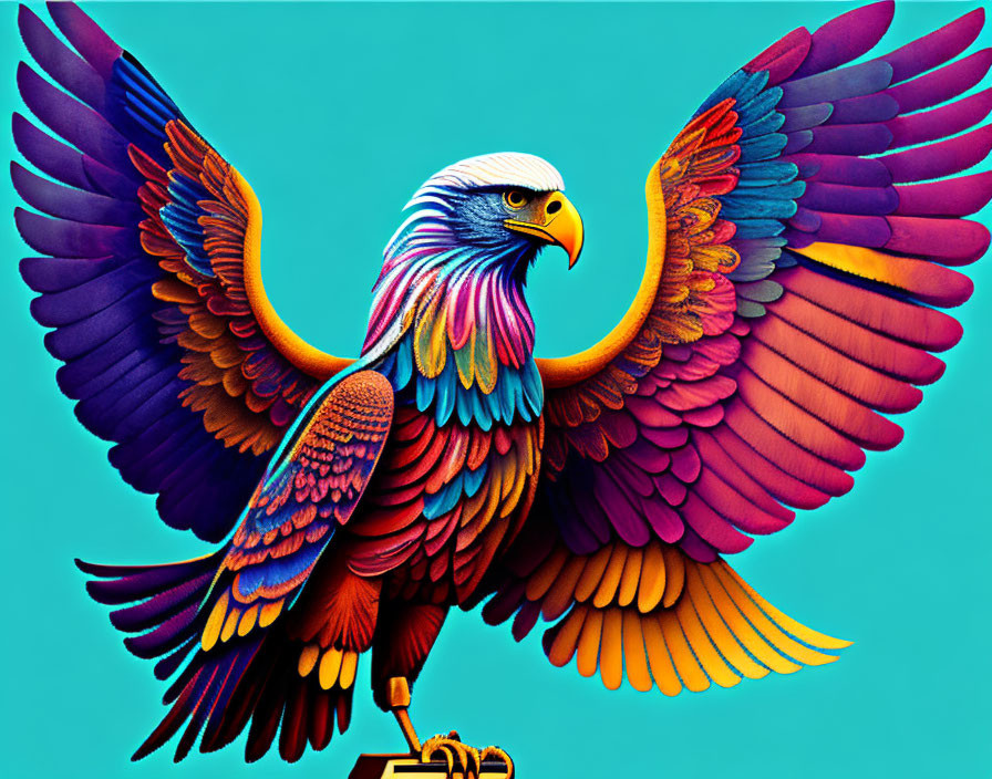 Colorful Eagle Illustration with Spread Wings on Teal Background