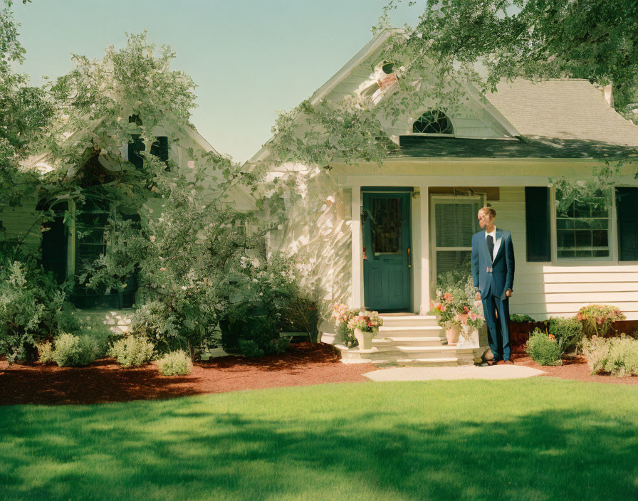 Blue-suited person by white house with green shutters in lush setting