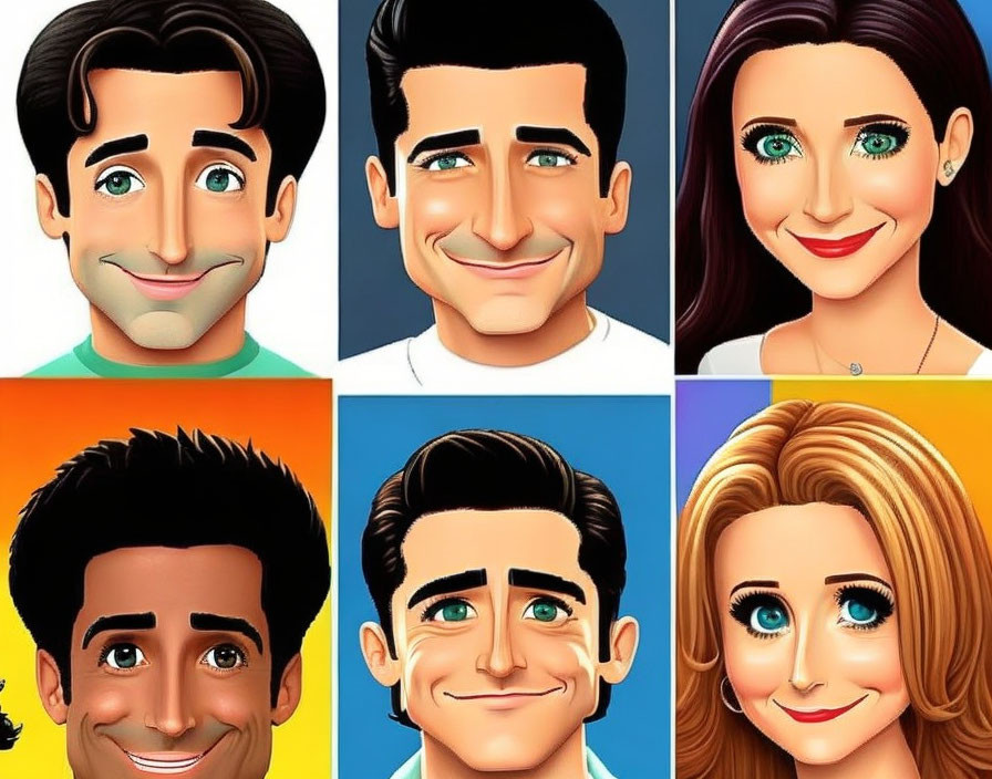 Colorful caricature illustrations of sitcom-inspired men and women with exaggerated features