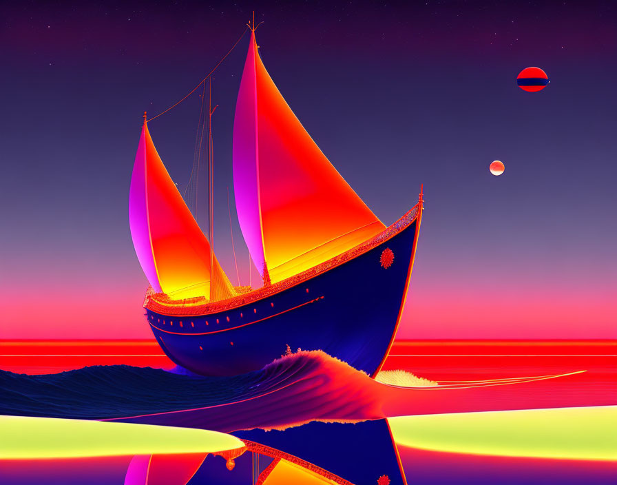 Colorful sailboat on waves under surreal sky with two moons