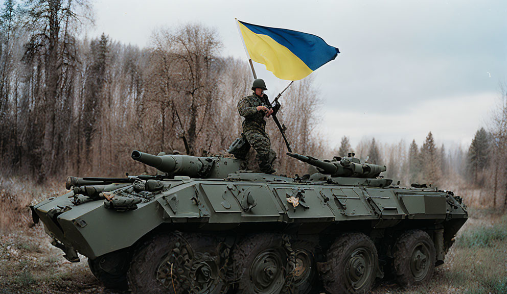 Soldier on Camouflaged Tank with Ukrainian Flag in Forest