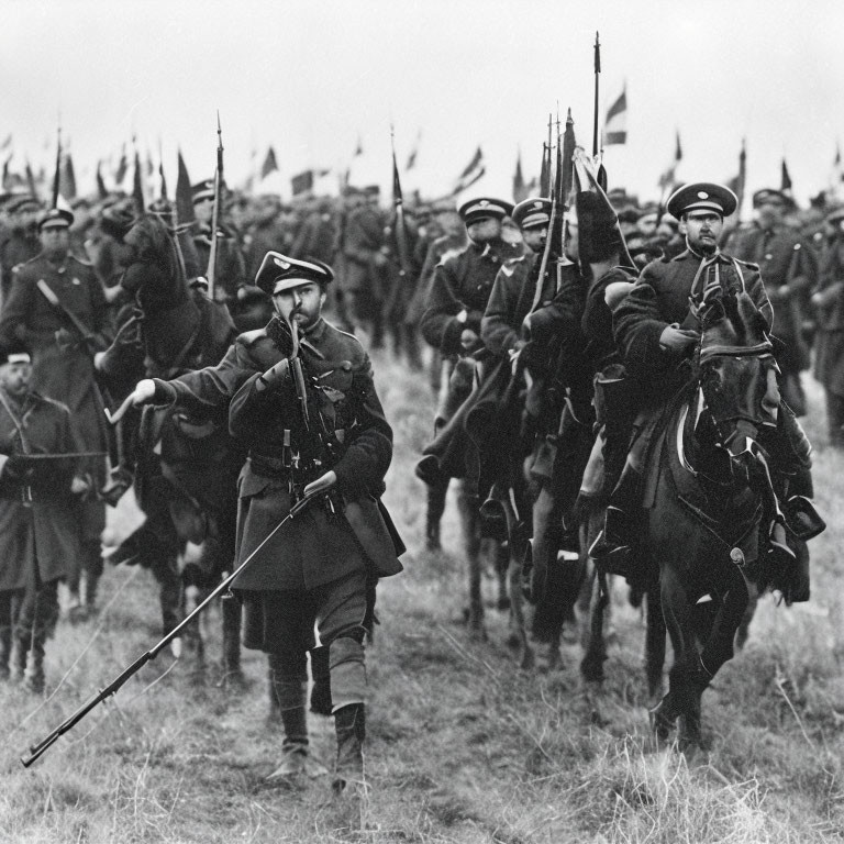 Vintage black-and-white photo of soldiers in early 20th-century military uniforms marching and riding horses.