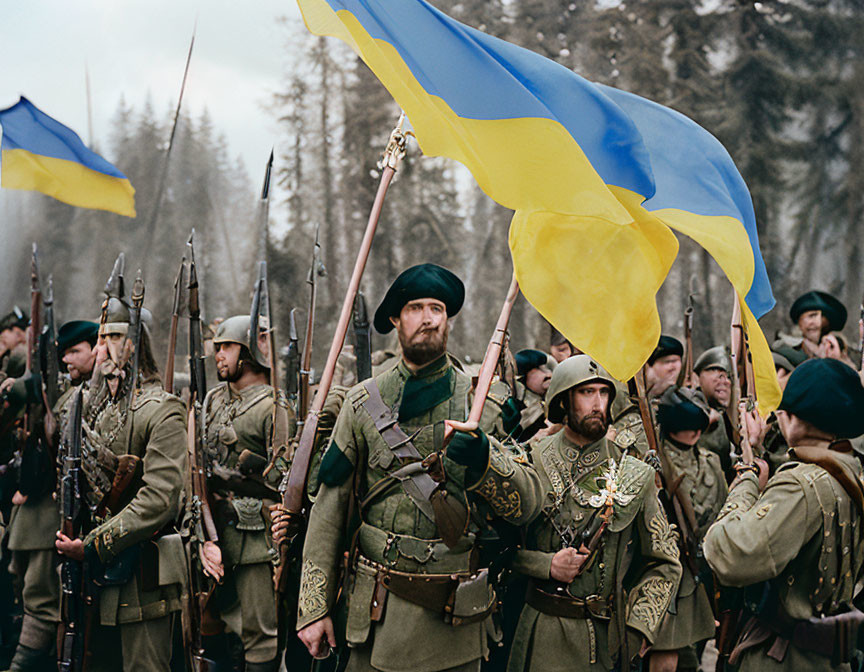 Vintage soldiers in blue and yellow uniforms with large flag in forest