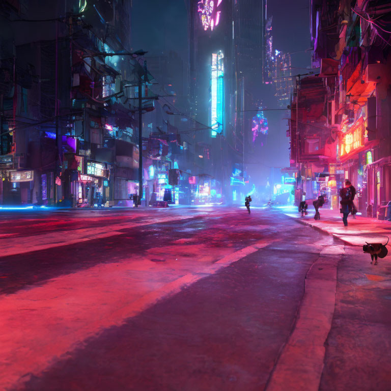 Pedestrians in neon-lit urban street at night