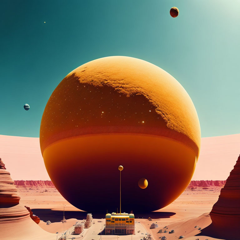 Surreal landscape with oversized orange planet above desert and rock formations