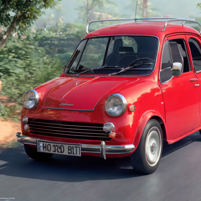 Vintage Red Car Driving on Road Amid Lush Greenery