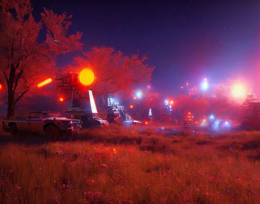 Futuristic sci-fi night scene with glowing trees, classic car, and robots