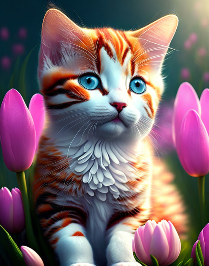 Illustrated cat with angel wings among purple tulips