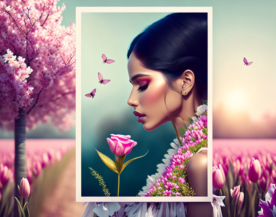 Surreal portrait of woman with butterflies, flowers, blooming tree, and tulips in serene