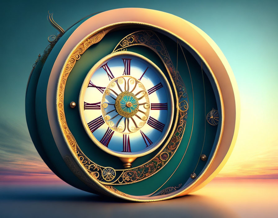 Ornate Snail-Shaped Clock Object Against Sunset Sky