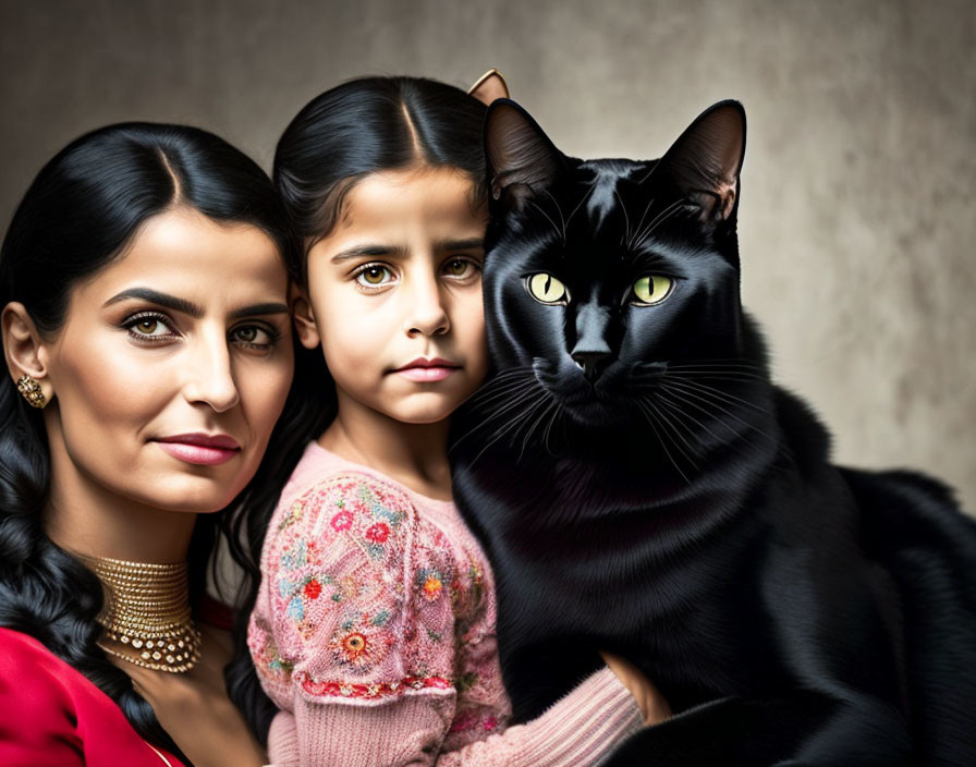 Woman and girl with black cat in intense gaze pose