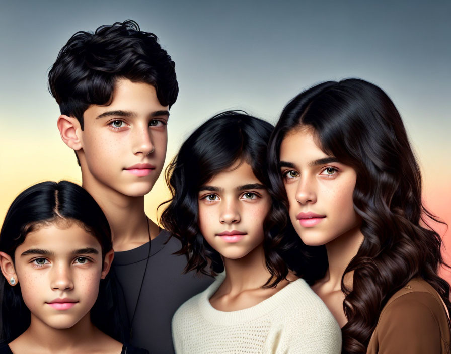 Portrait of four children with dark hair and eyes against ombré background