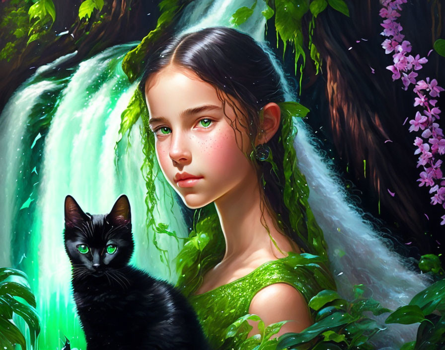 Young girl with black cat in lush setting with waterfall and pink flowers.