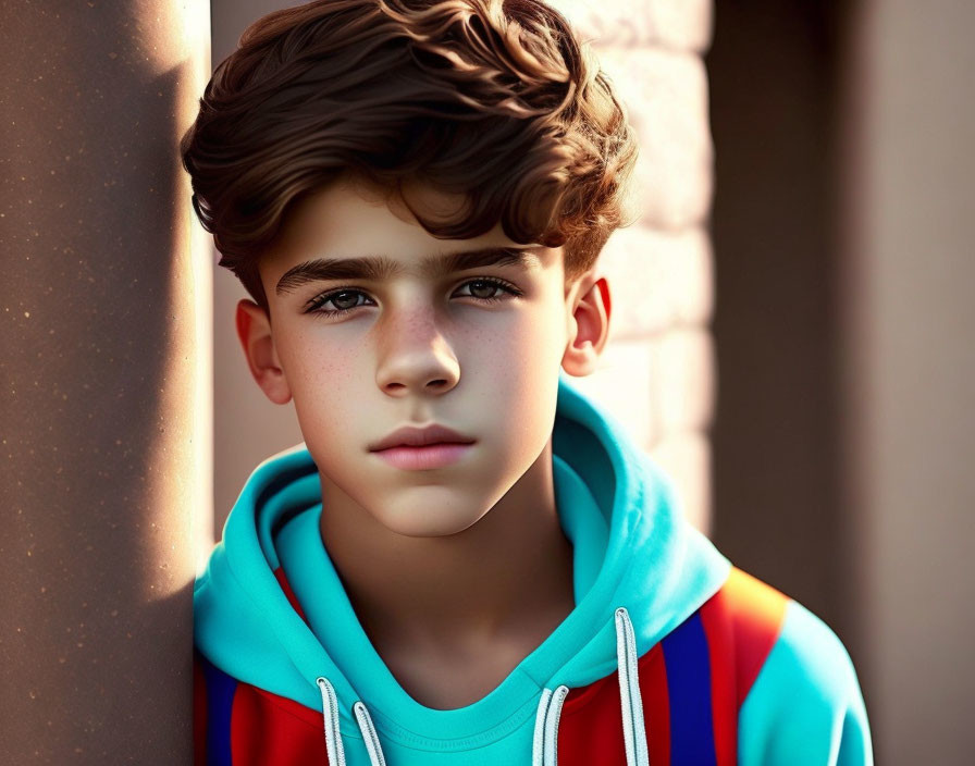 Young boy with wavy hair in colorful hoodie gazes at camera