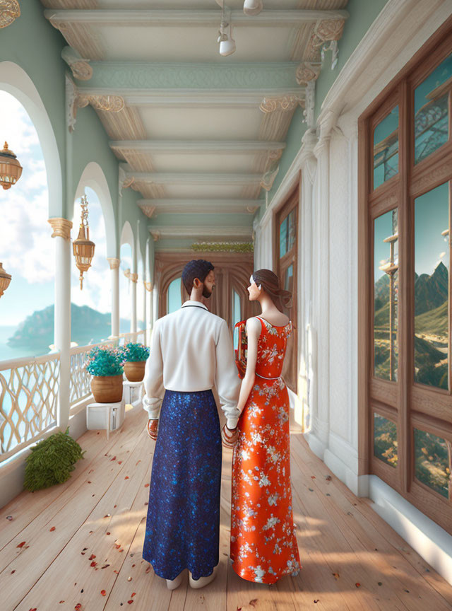 Couple walking on balcony with mountain view