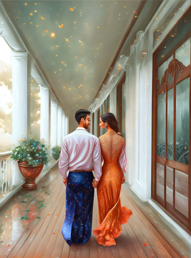 Formal Attired Couple on Balcony with Heart-shaped Lights