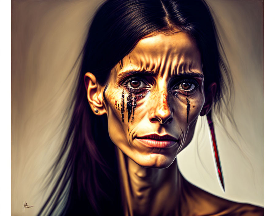 Digital artwork of woman with exaggerated features and tear-streaked mascara.