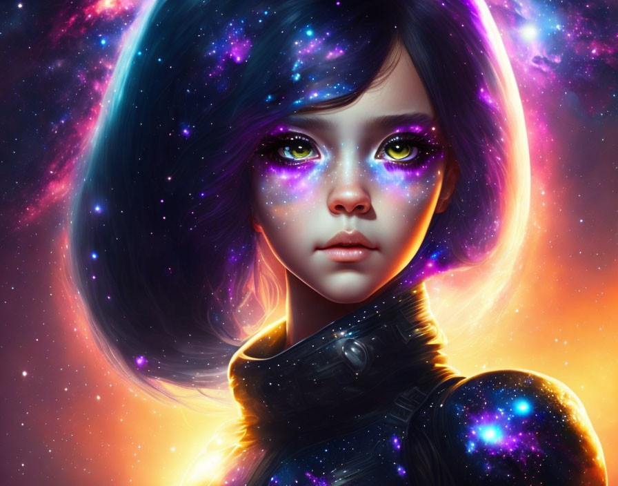 Galaxy-themed digital portrait of a girl with cosmic background