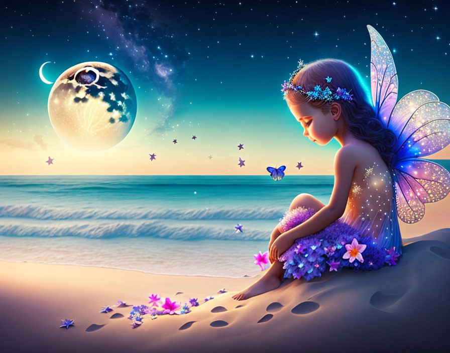 Fairy on Beach at Twilight with Moon, Stars, Flowers, and Butterfly