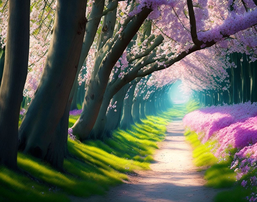 Tranquil pathway with cherry blossom trees and sunlight filtering through branches