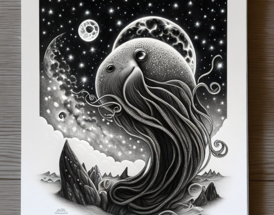 Monochrome ethereal whale with intricate patterns in star-filled sky