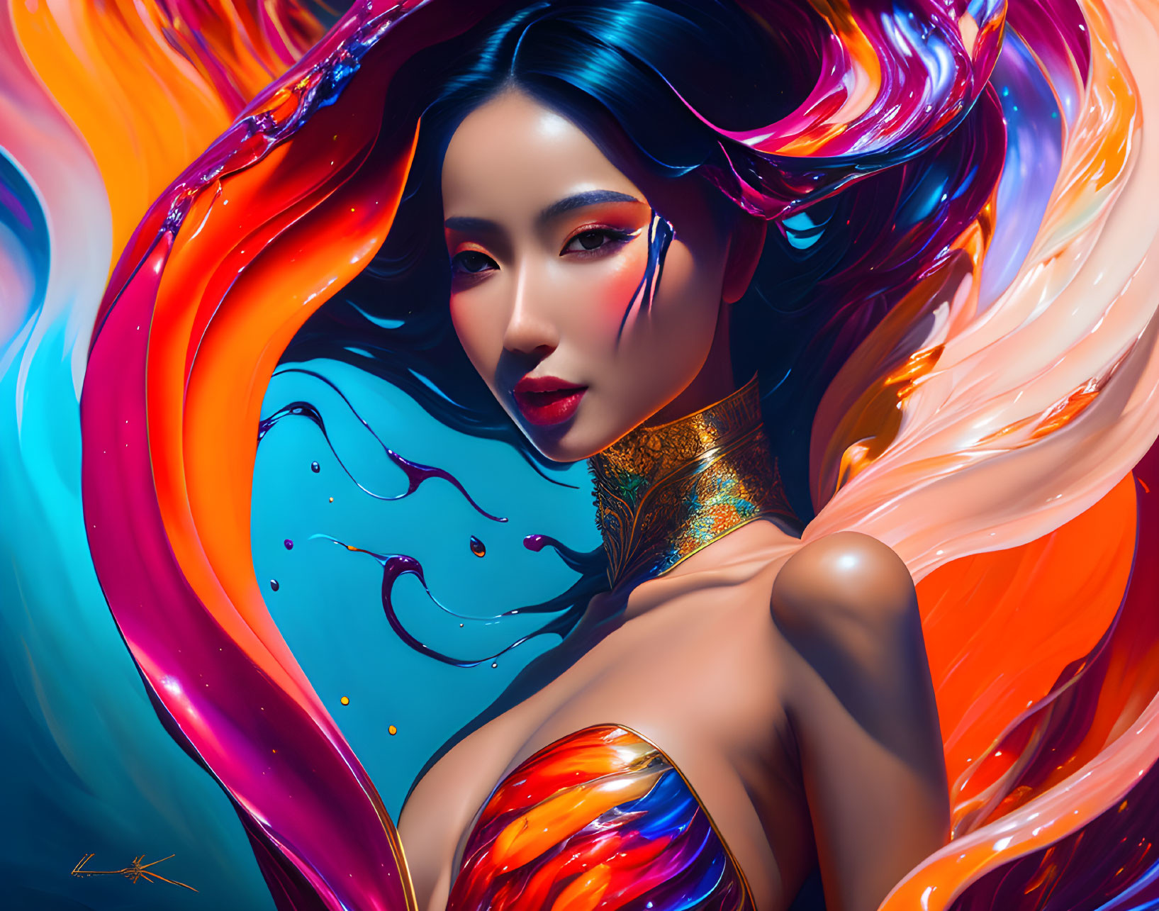 Colorful digital art portrait of a woman with flowing hair and intricate body paint against abstract background