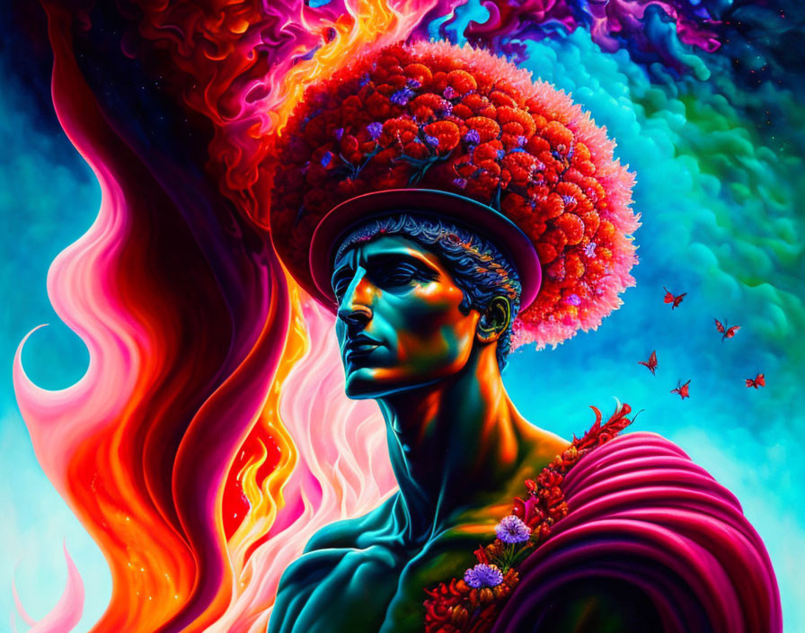 Classical statue with red-orange headdress and pink robe on psychedelic background