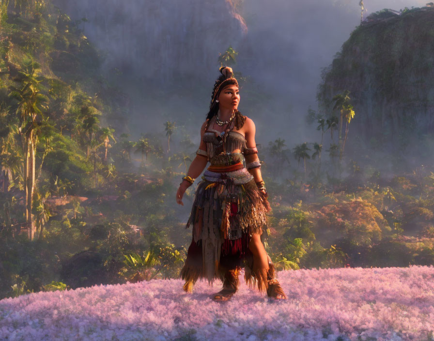 Female character in traditional attire in pink flower field with green cliffs