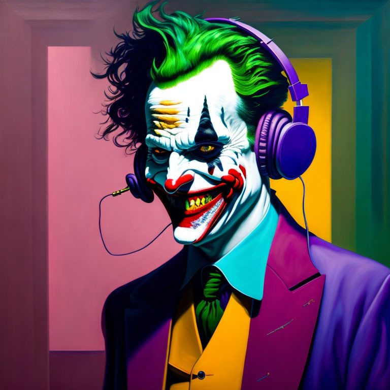 Colorful Joker portrait in purple suit with headphones and microphone on vibrant backdrop