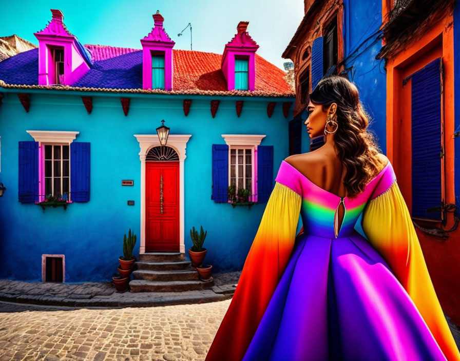 Vibrant woman in colorful dress by blue and pink houses