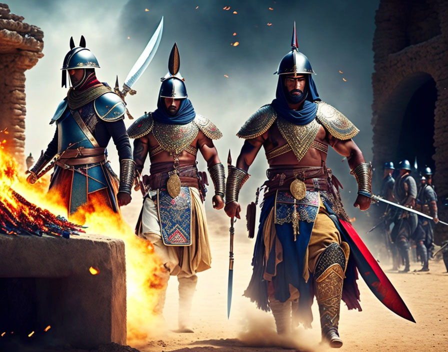 Armored warriors with swords and spears near a fire in historical/fantasy battle scene