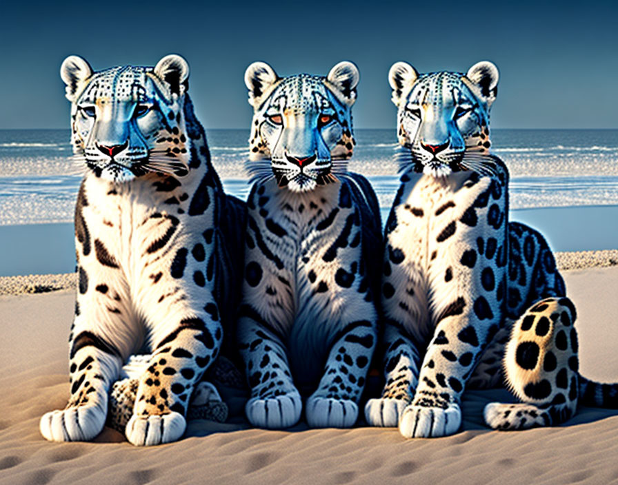 Three white tigers with black stripes on a sandy beach under clear blue sky